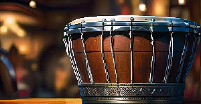 A detailed view of a mahogany djembe drum featuring intricate carvings and a polished animal skin drumhead, illuminated softly on a rustic wooden surface.