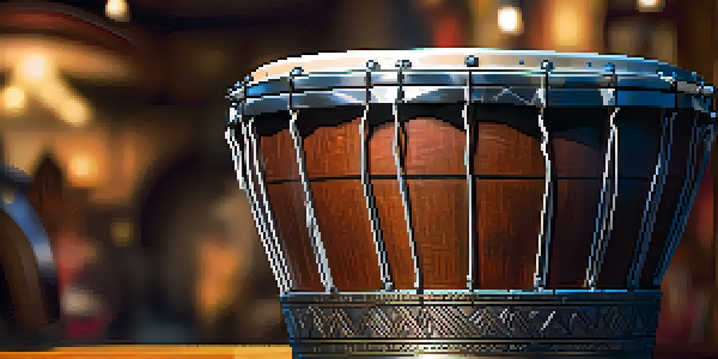 A detailed view of a mahogany djembe drum featuring intricate carvings and a polished animal skin drumhead, illuminated softly on a rustic wooden surface.