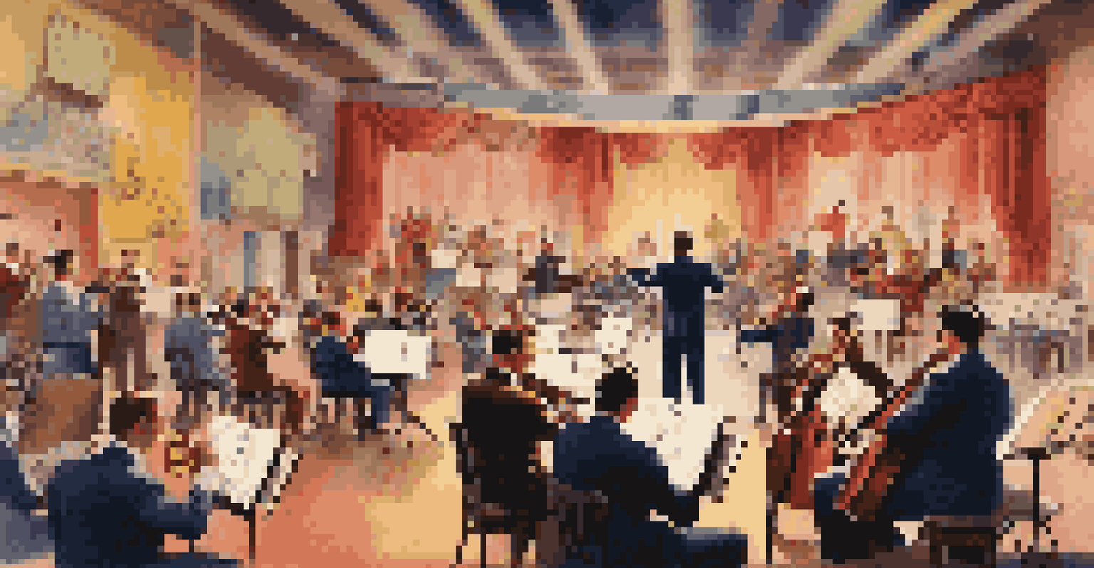 A vibrant 1940s Hollywood studio showing an orchestra composing a film score with vintage film equipment and posters.