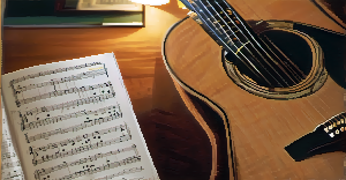 A close-up of a guitar neck next to a music stand holding tablature sheets, in a cozy room with warm lighting.