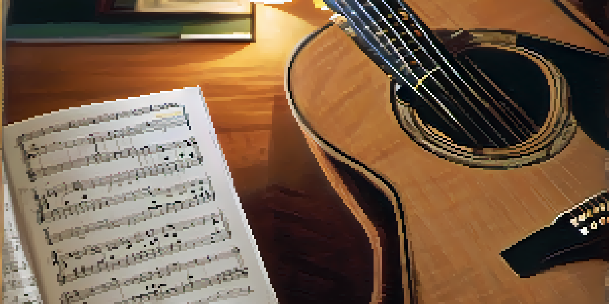 A close-up of a guitar neck next to a music stand holding tablature sheets, in a cozy room with warm lighting.