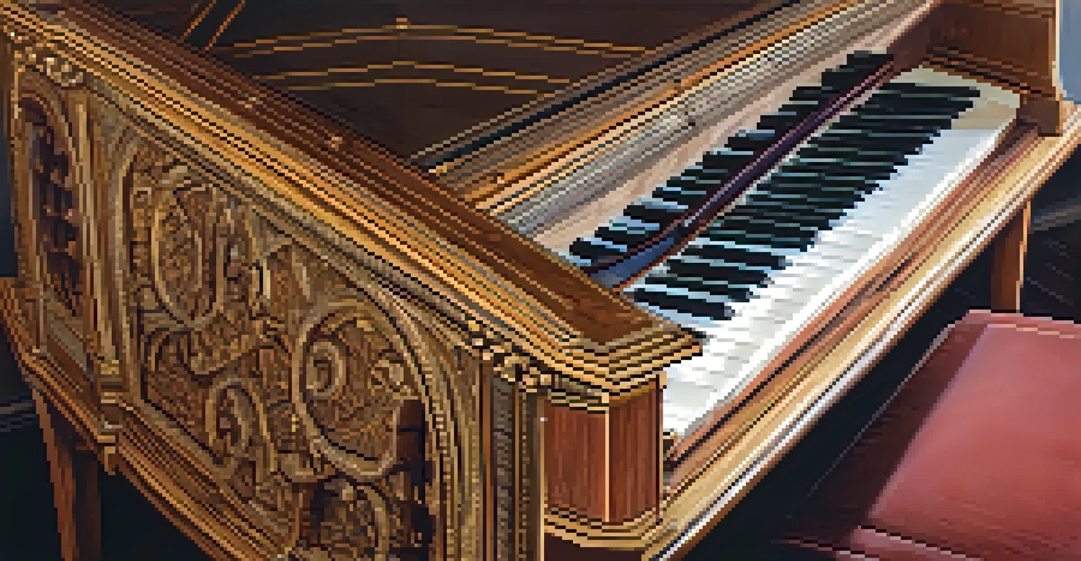 A close-up of a beautifully crafted harpsichord, focusing on its wooden surface, keys, and strings, bathed in soft warm light.