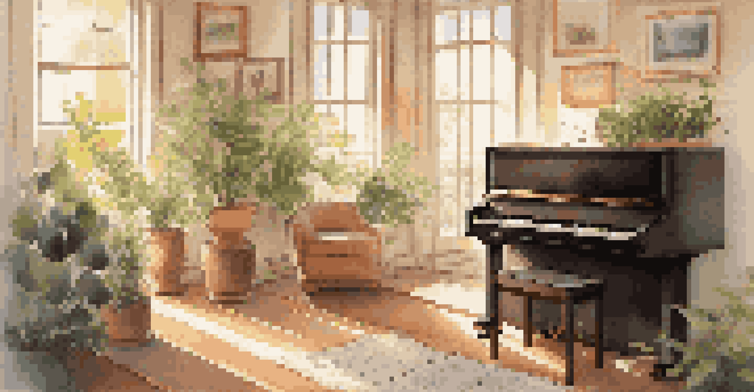 A grand piano in a sunlit room with open sheet music and chord diagrams, surrounded by plants and warm decor.