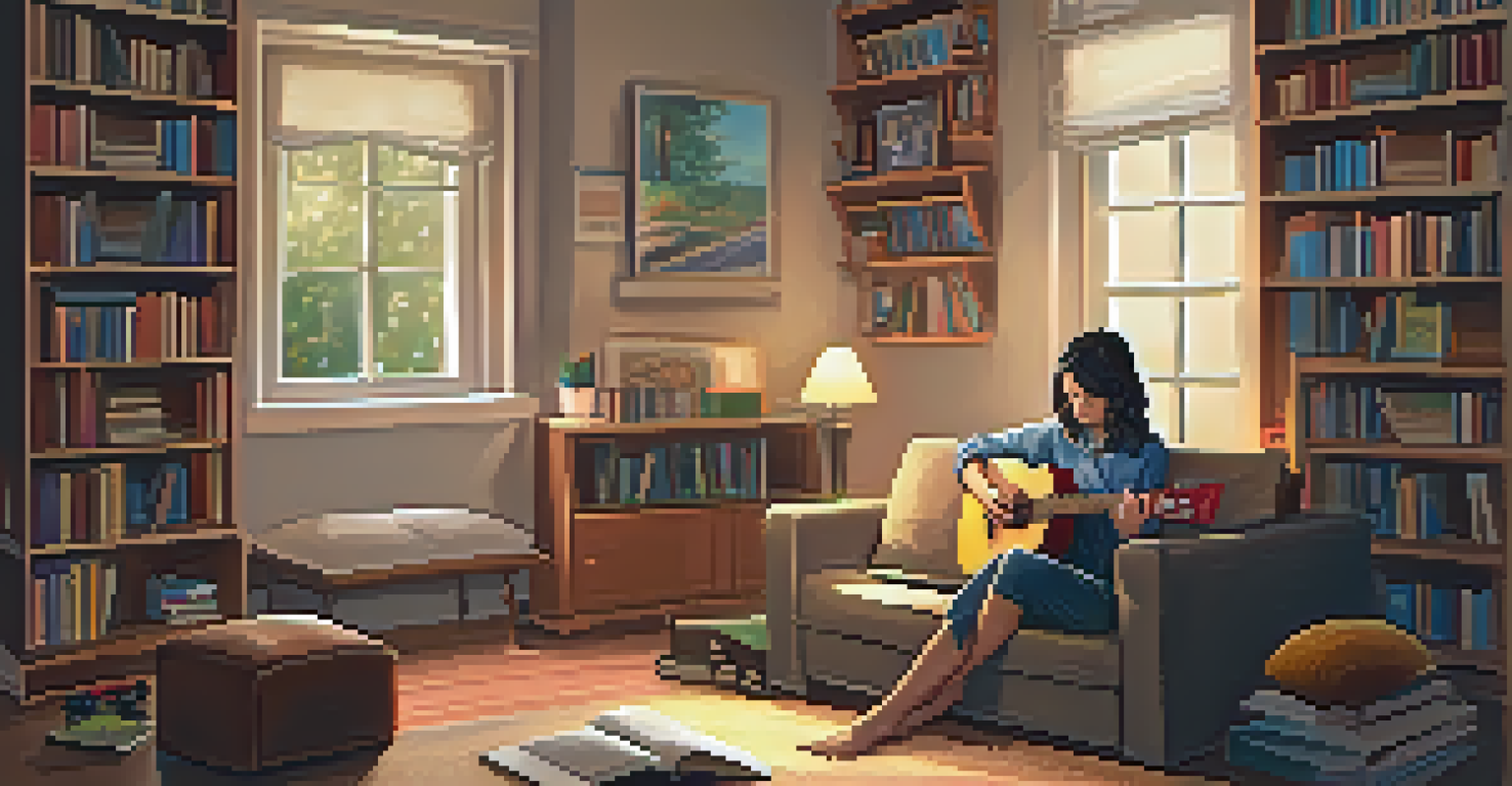 A student learning to play an instrument on a smartphone in a cozy room filled with warm light, music notes floating around, and bookshelves in the background.