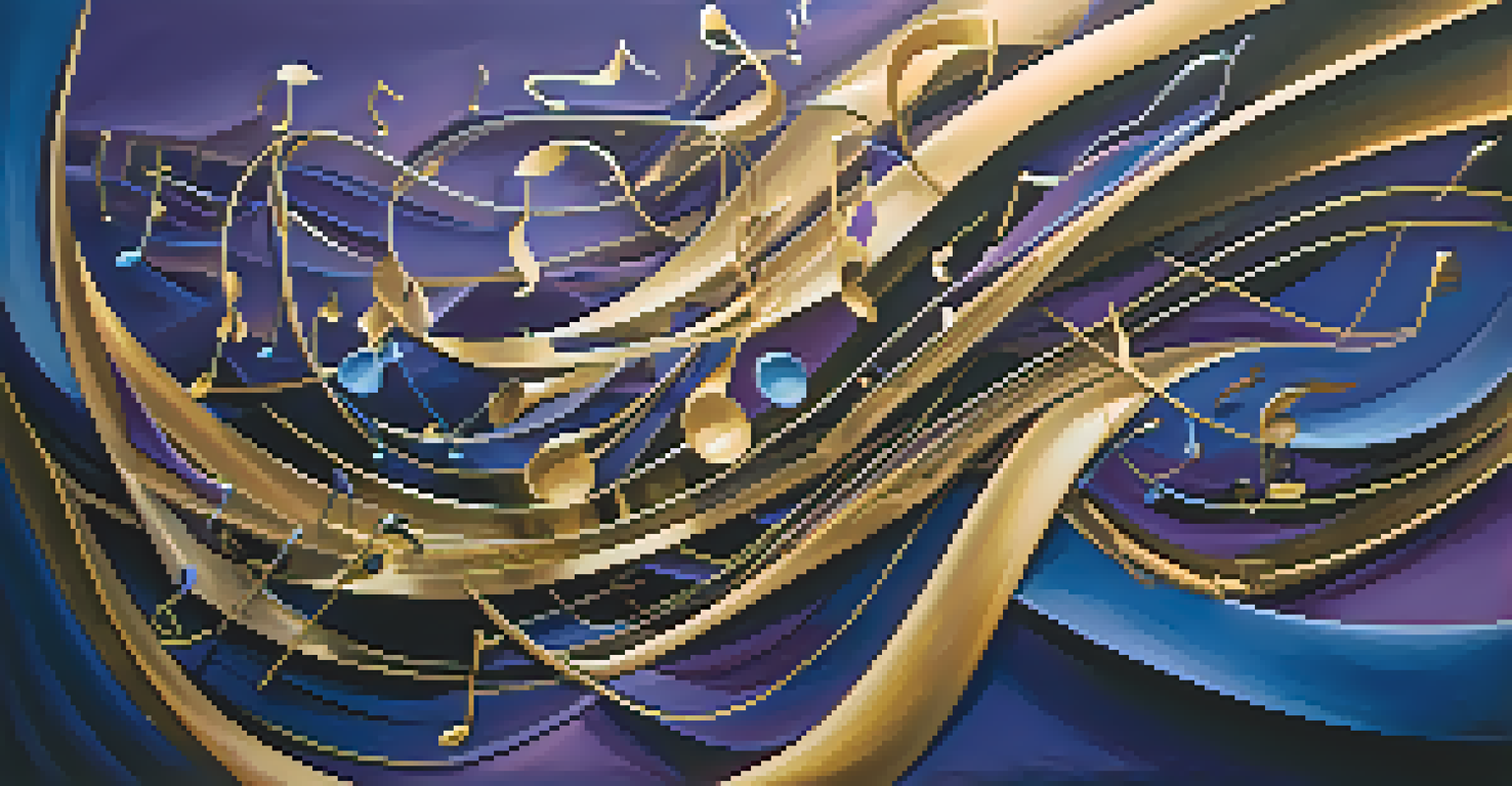 An abstract image illustrating rhythm with flowing musical notes and symbols against a gradient background.