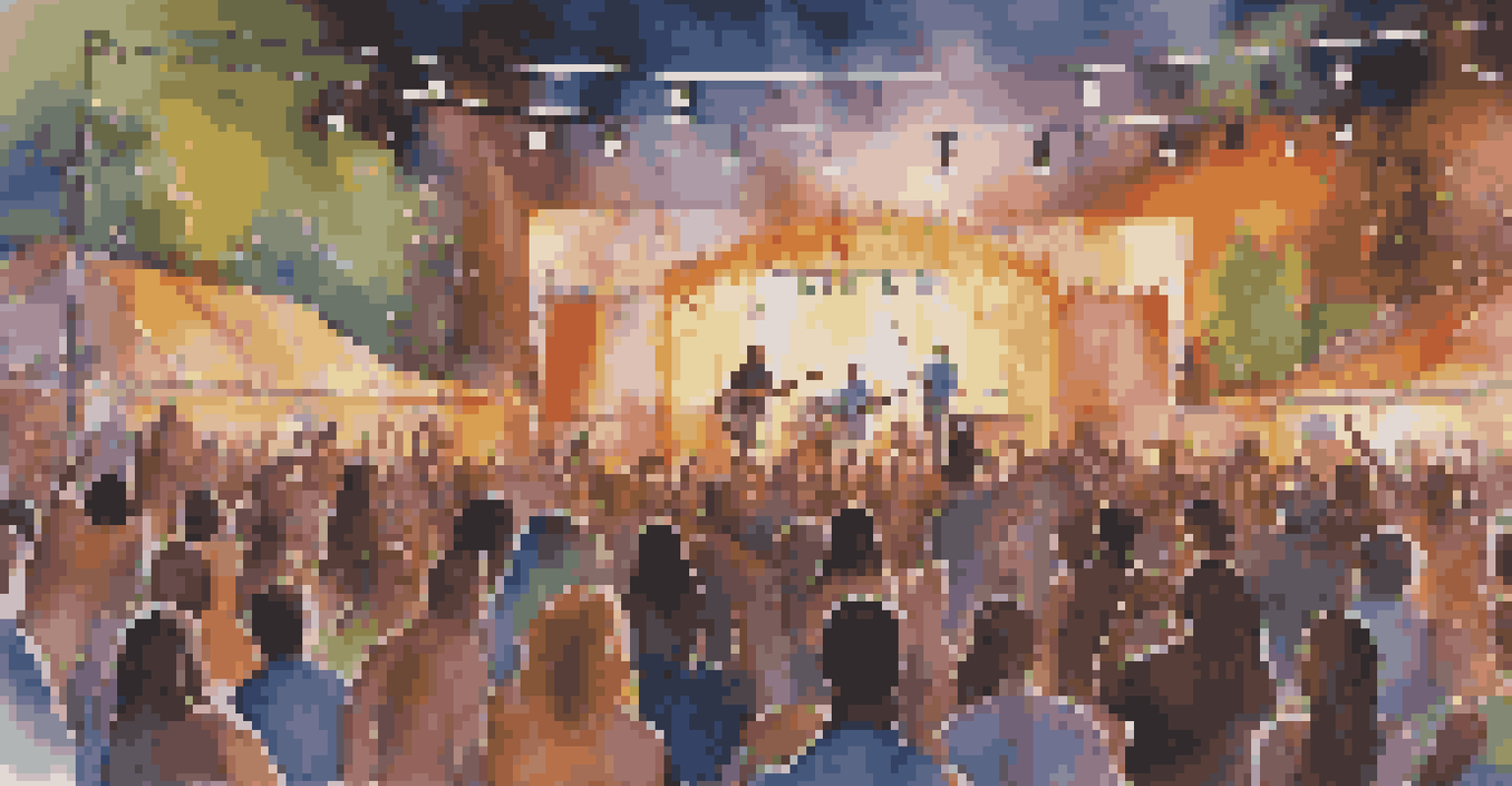 A lively outdoor music festival with a crowd enjoying performances, bright stage lights, and various musical instruments creating a festive atmosphere.