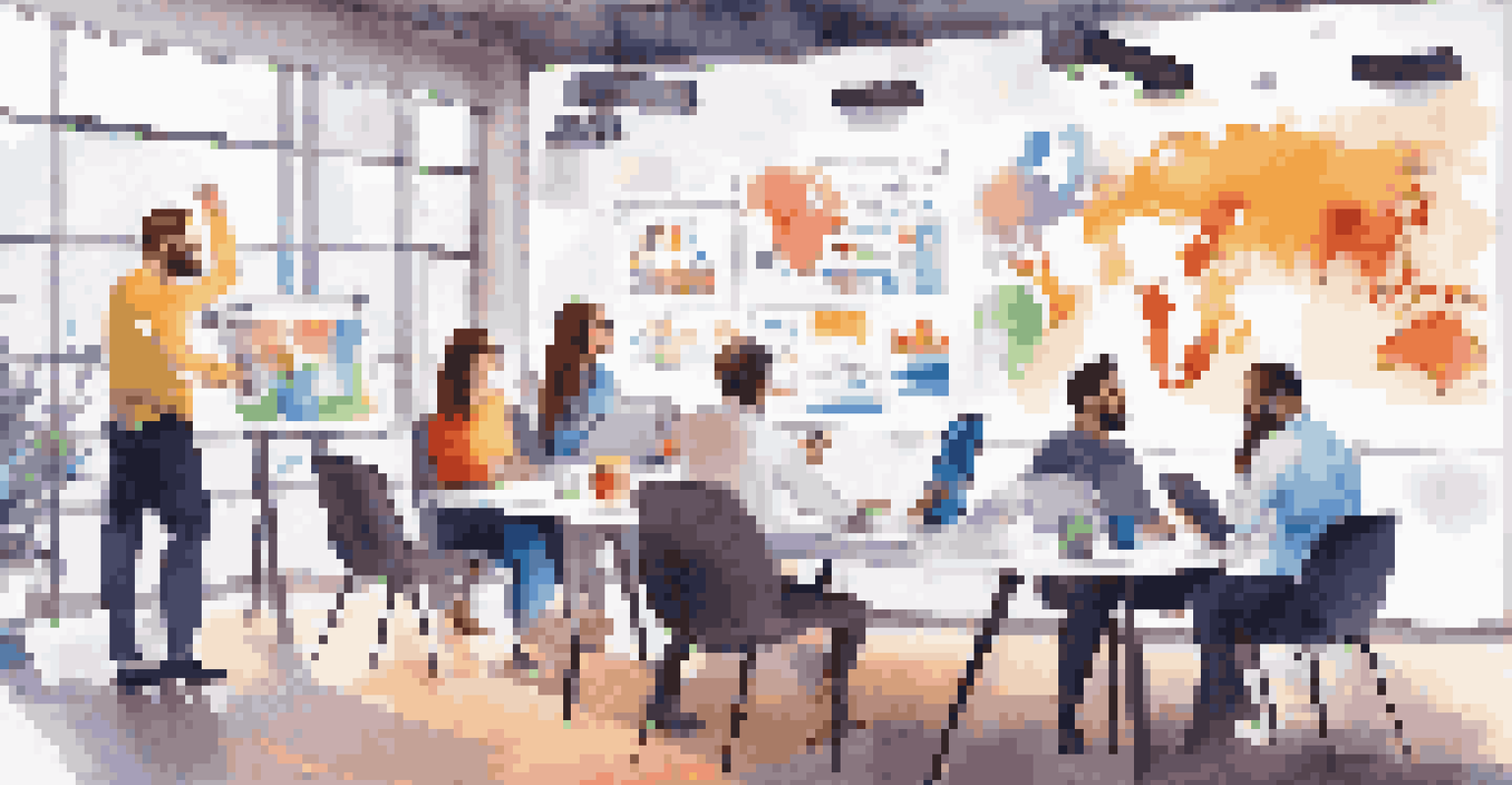 A group of young professionals brainstorming marketing strategies in a colorful creative workspace with digital tablets and a whiteboard.