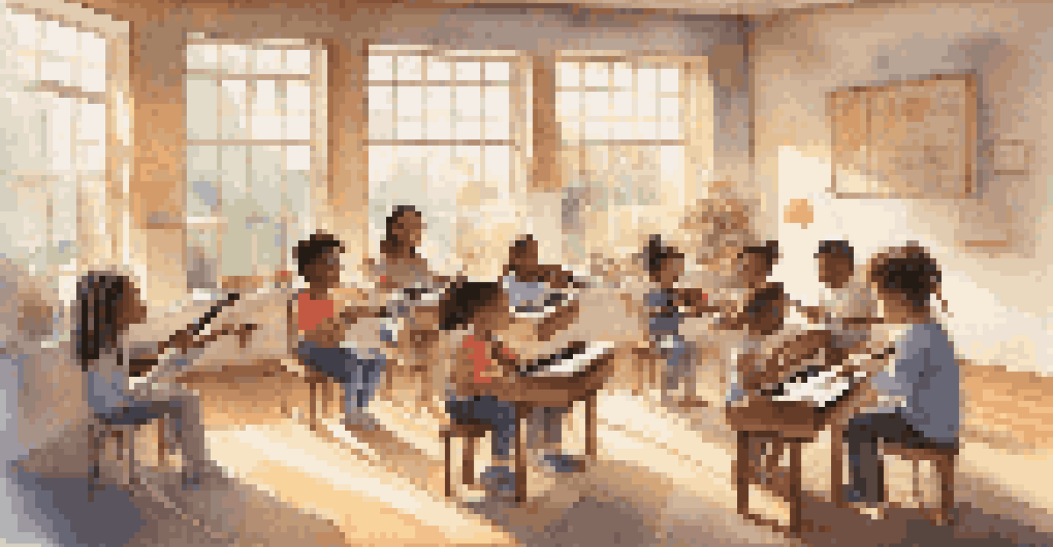 Students in a classroom participating in a group music session, playing various instruments in a bright and collaborative environment.