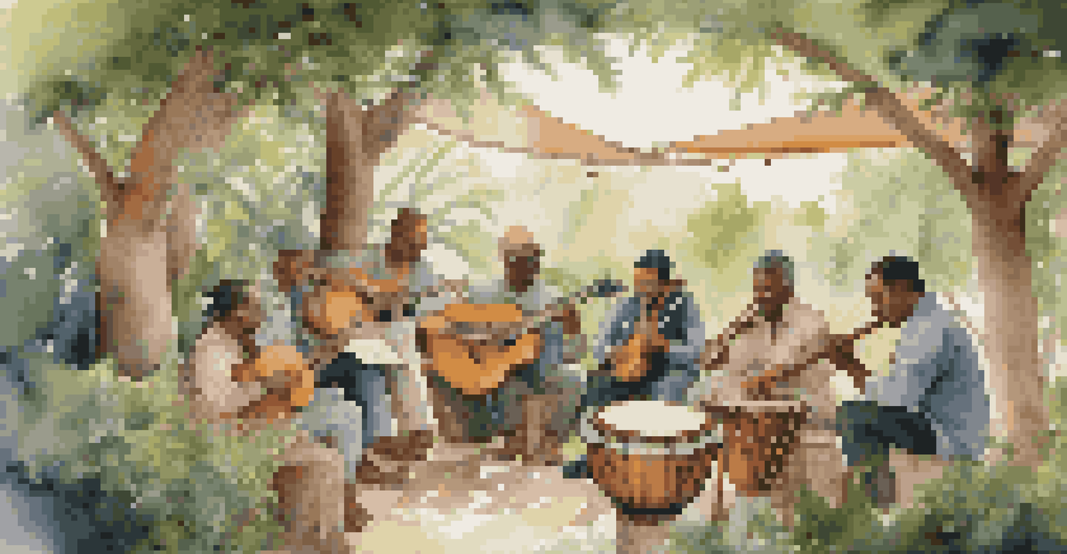 Musicians from various cultures playing traditional instruments in a tranquil outdoor setting.