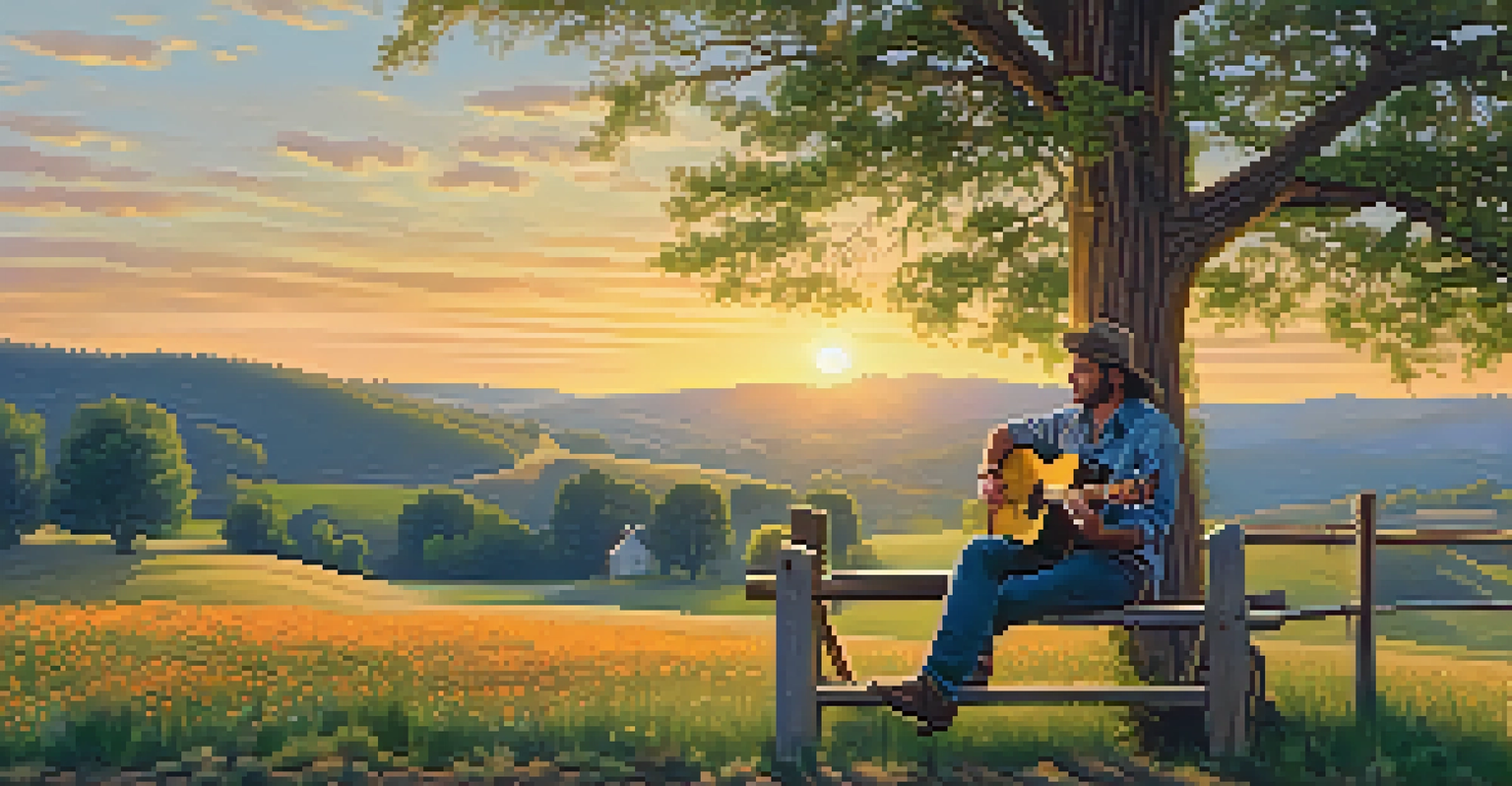 A country music singer with a guitar sitting on a wooden fence at sunset in a rural landscape.