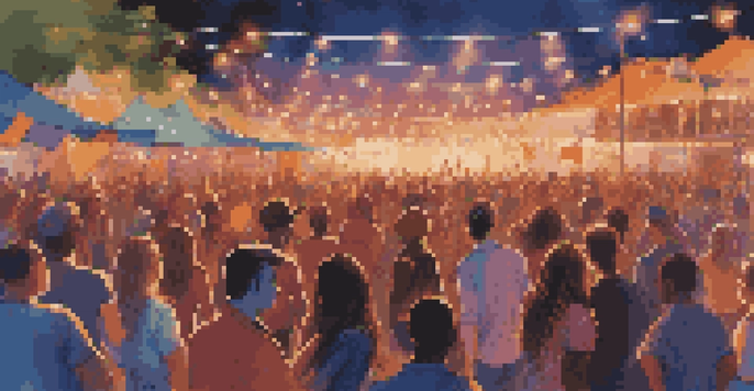 A lively outdoor music festival with a diverse group of young people dancing and enjoying a concert under colorful lights and a sunset sky.