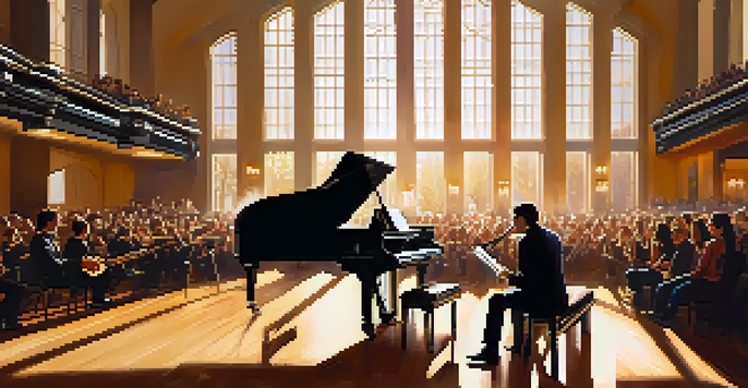 A woodwind musician performing in a sunlit concert hall with an attentive audience, sunlight illuminating their focused expression.