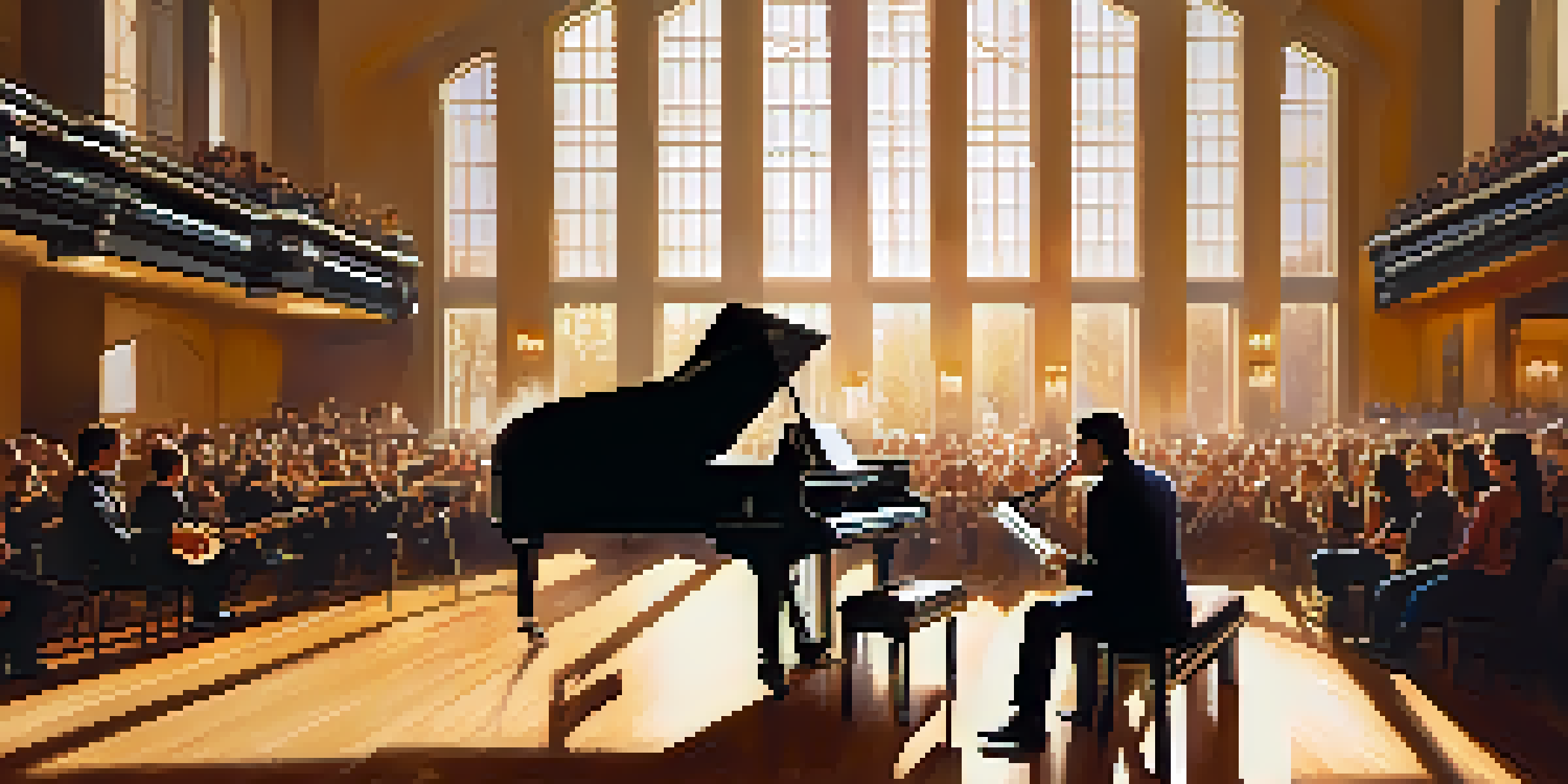 A woodwind musician performing in a sunlit concert hall with an attentive audience, sunlight illuminating their focused expression.