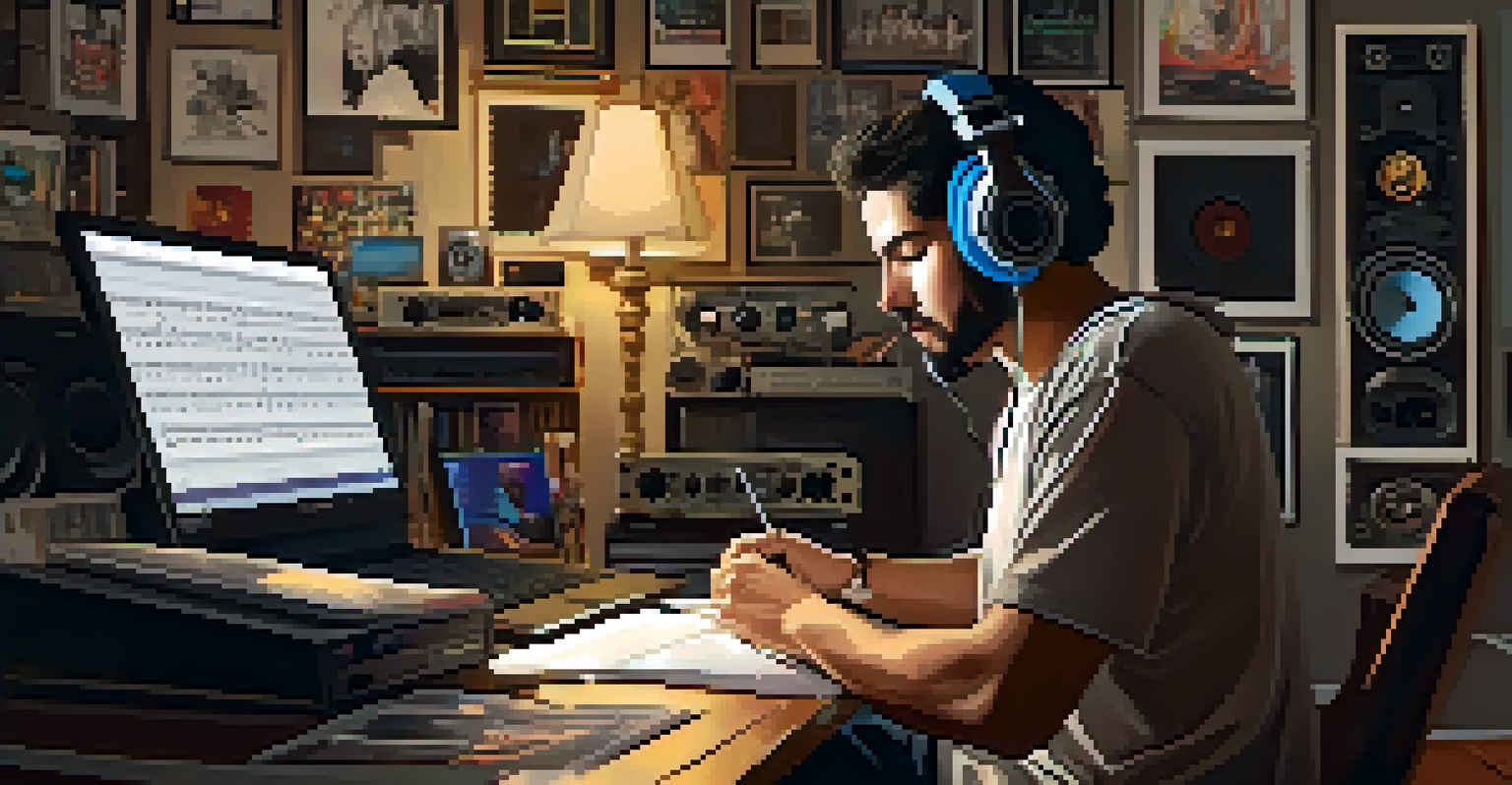 An artist in a cozy home studio analyzing streaming data on a laptop surrounded by music equipment.