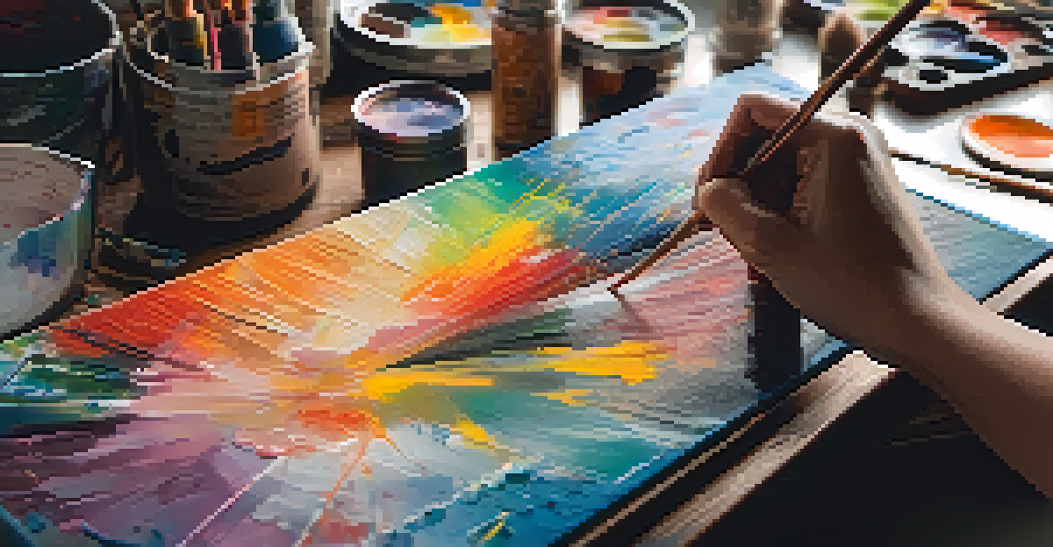 An artist's hands painting a canvas, with colorful paint splatters and brushes, and a glowing window in the background.
