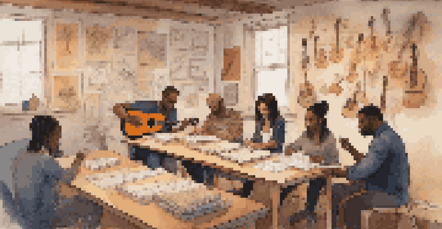 A cozy room where a diverse group of individuals collaborates on songwriting, with notebooks and a guitar present.