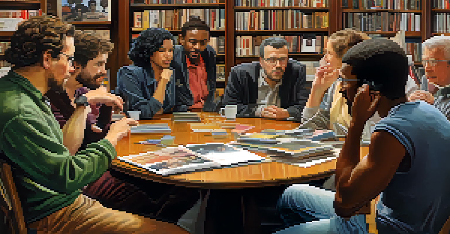 A diverse group of music critics discussing albums around a table, with music posters and a bookshelf in the background.