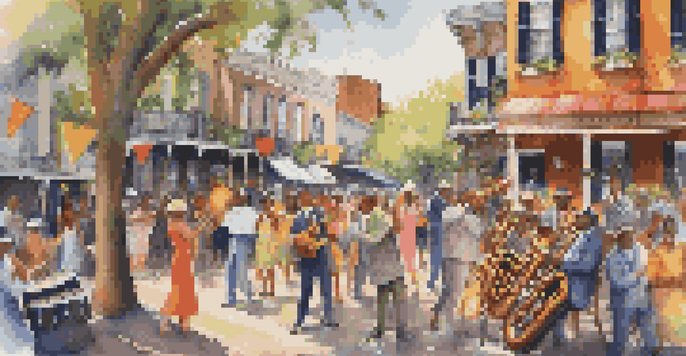A lively jazz band performing outdoors in New Orleans, with colorful decorations and enthusiastic spectators enjoying the music.