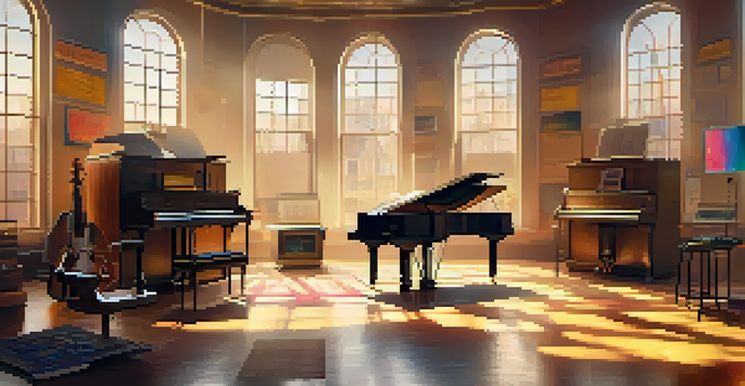 A film scoring studio with vintage instruments, a grand piano, and a mixing console, bathed in soft golden light.