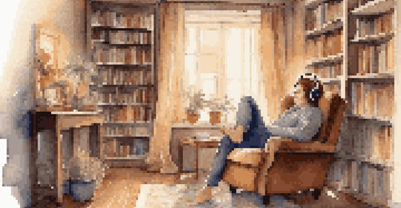 A person in a cozy chair listening to music with headphones, with warm lighting and a cup of tea nearby.