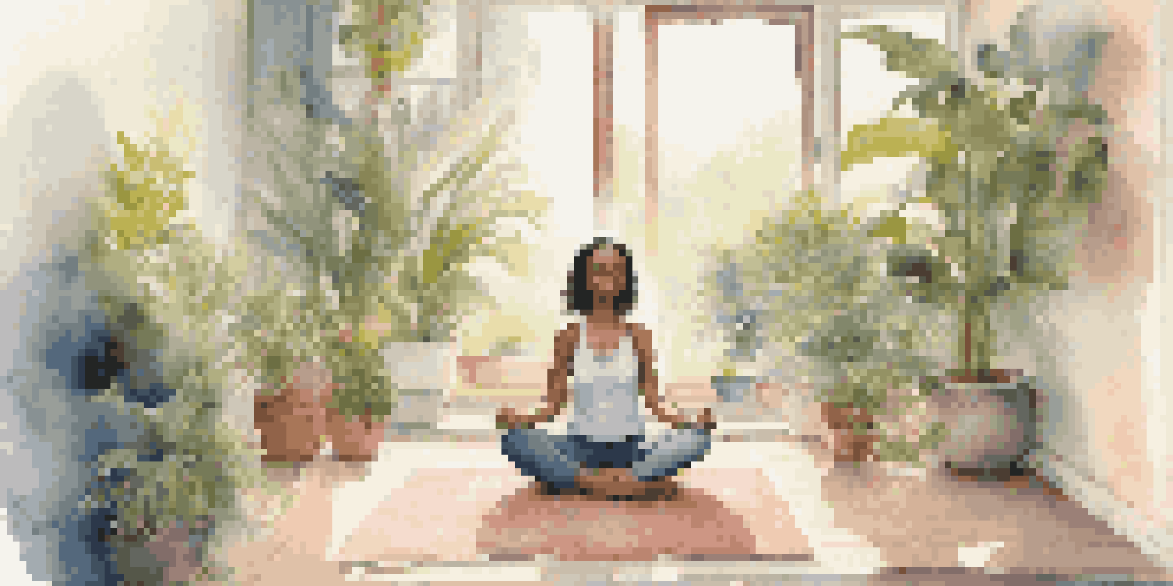 A person meditating on a yoga mat, wearing headphones, in a calming room filled with plants and soft lighting.
