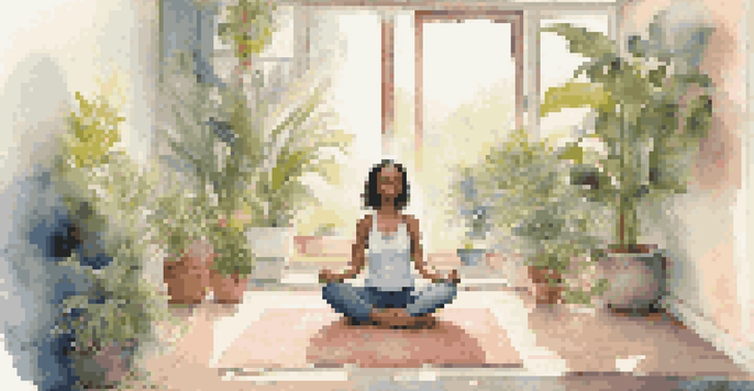 A person meditating on a yoga mat, wearing headphones, in a calming room filled with plants and soft lighting.