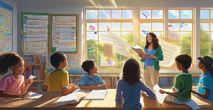 A classroom with a teacher and diverse students engaged in learning about music, with sunlight streaming through the windows.