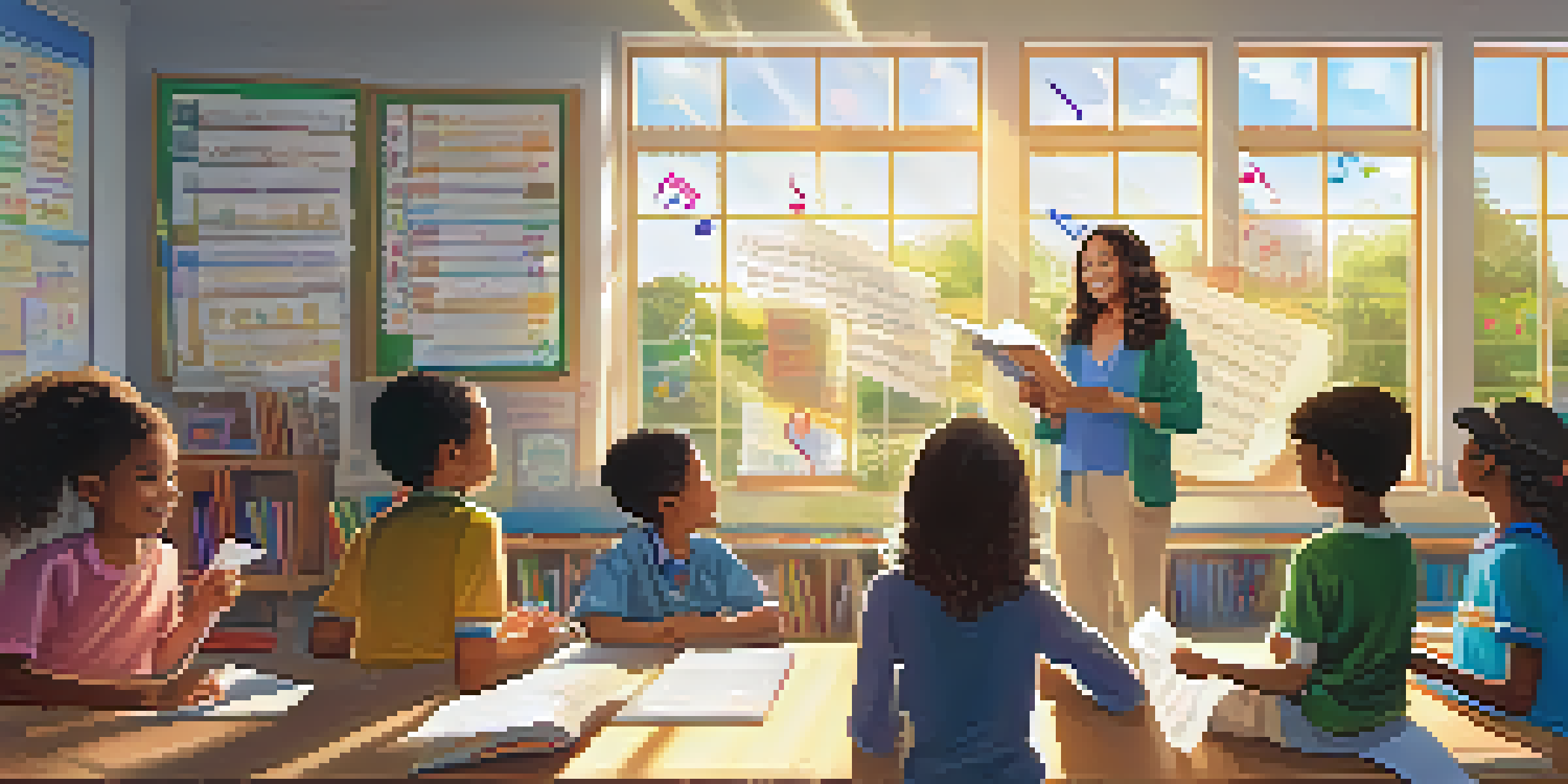 A classroom with a teacher and diverse students engaged in learning about music, with sunlight streaming through the windows.