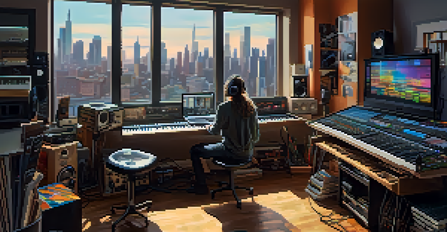 An artist's studio with musical instruments and sound equipment, brightly lit with city views, and a producer working on music creation.