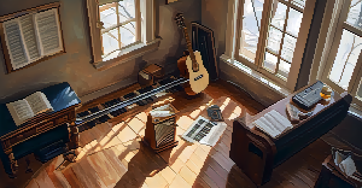 An overhead view of a guitarist practicing scales in a cozy room, with musical sheets and a metronome around them.
