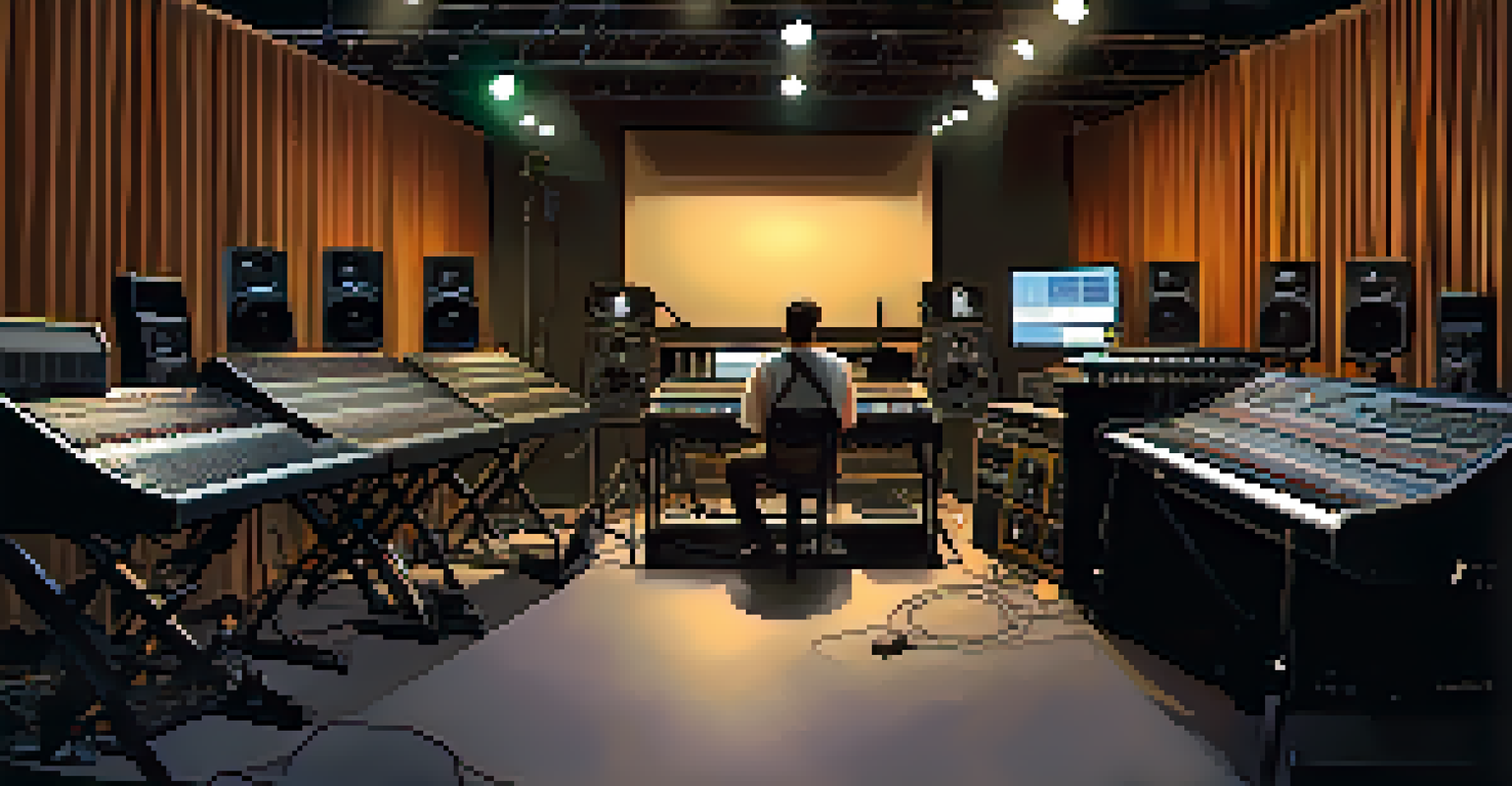 A backstage scene with a monitor engineer preparing equipment before a performance, with a mixing console and soft lighting.