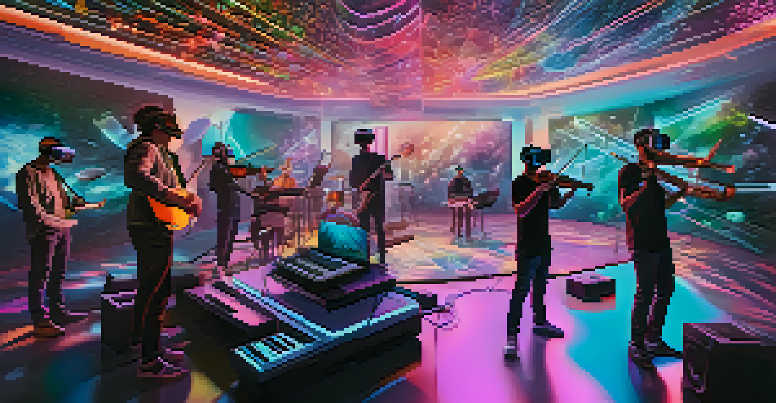 Musicians in virtual reality headsets collaborating in a colorful digital space with holographic instruments.