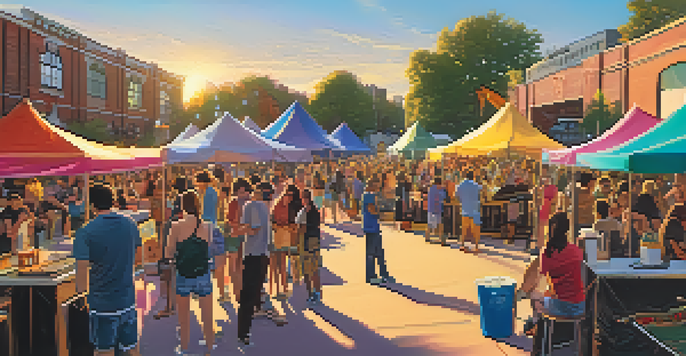 An outdoor indie film festival with colorful tents, a small stage, and a diverse audience enjoying live music as the sun sets.