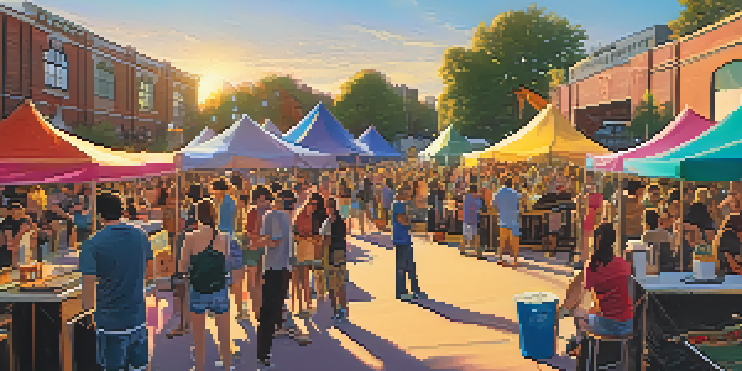 An outdoor indie film festival with colorful tents, a small stage, and a diverse audience enjoying live music as the sun sets.