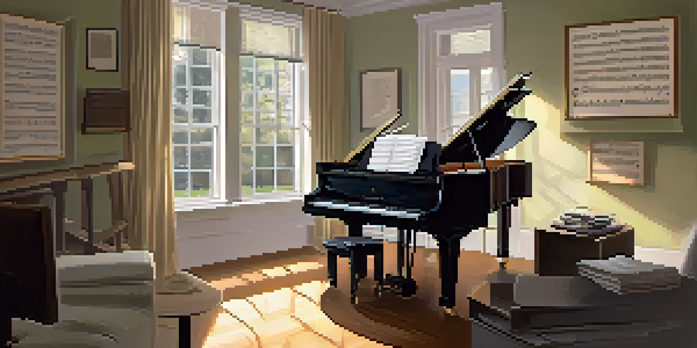 A music notator working in a cozy studio, transcribing music while surrounded by sheet music and a computer, with soft natural light illuminating the scene.