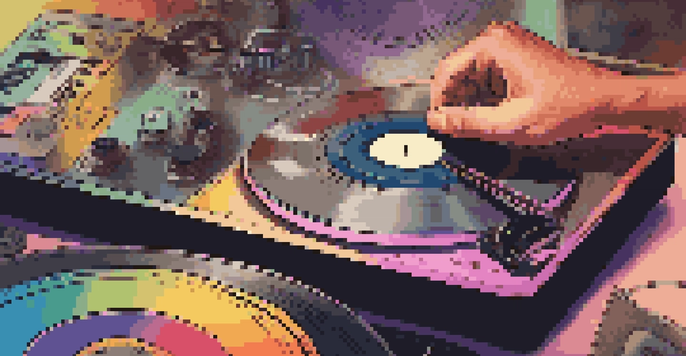 A close-up view of a hand choosing a song on a smartphone with colorful vinyl records in the background.