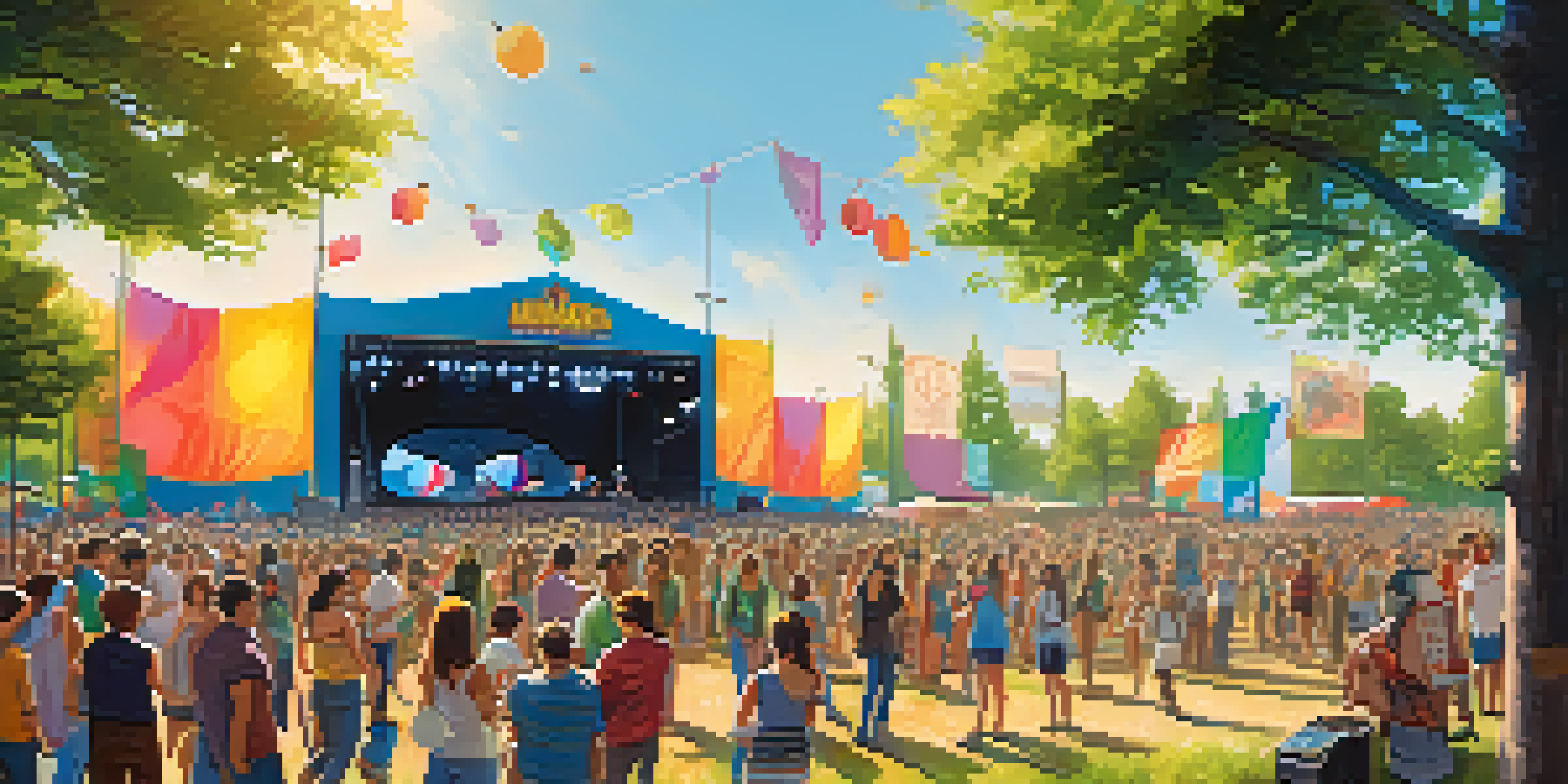 A lively music festival with a diverse crowd enjoying performances in a sunny outdoor setting, featuring environmental awareness banners and eco-friendly initiatives.
