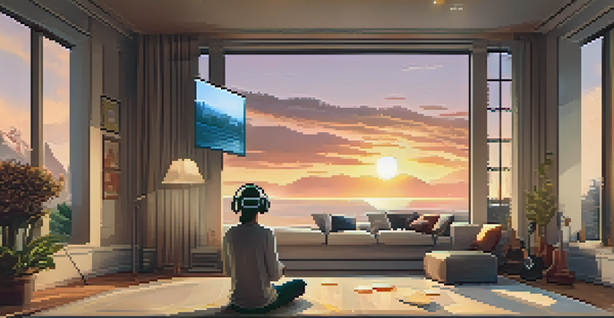 A person in a cozy living room wearing a VR headset, experiencing a virtual classical music concert, with warm lighting and musical decorations.