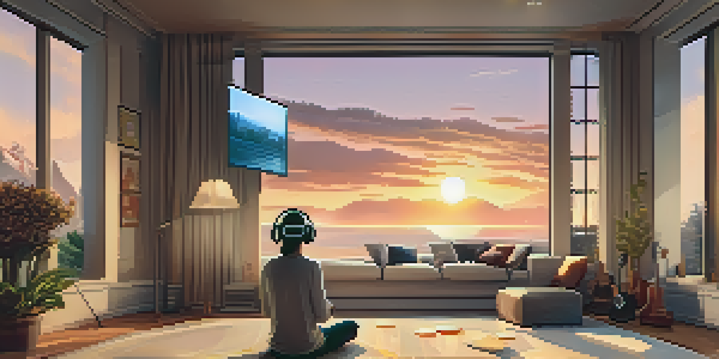 A person in a cozy living room wearing a VR headset, experiencing a virtual classical music concert, with warm lighting and musical decorations.