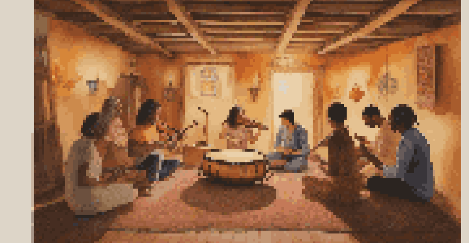 A cozy, candlelit room with a diverse group of people sharing music in a circle, surrounded by warm light and colorful tapestries.