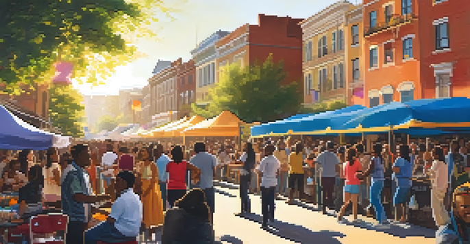 A lively street scene at a multicultural music festival with diverse musicians performing and a crowd enjoying the music under a warm sunset.