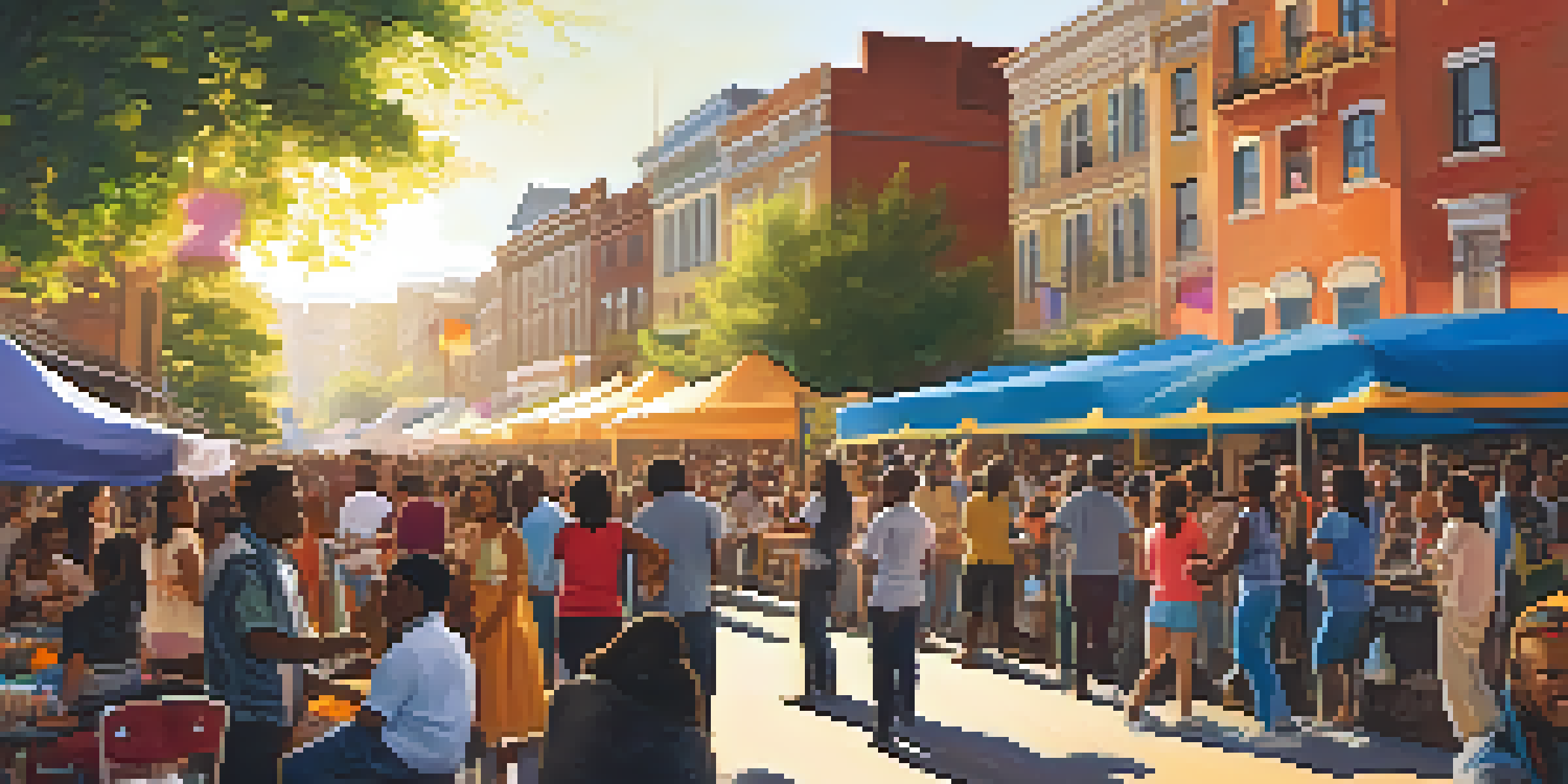 A lively street scene at a multicultural music festival with diverse musicians performing and a crowd enjoying the music under a warm sunset.