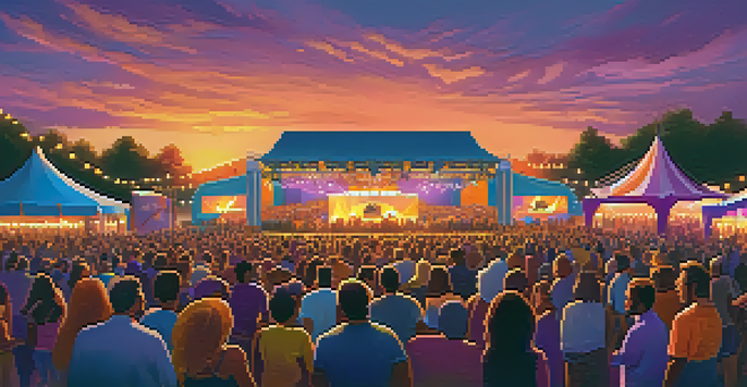 A lively outdoor music festival with a diverse crowd enjoying performances at sunset, surrounded by colorful lights and cultural attire.