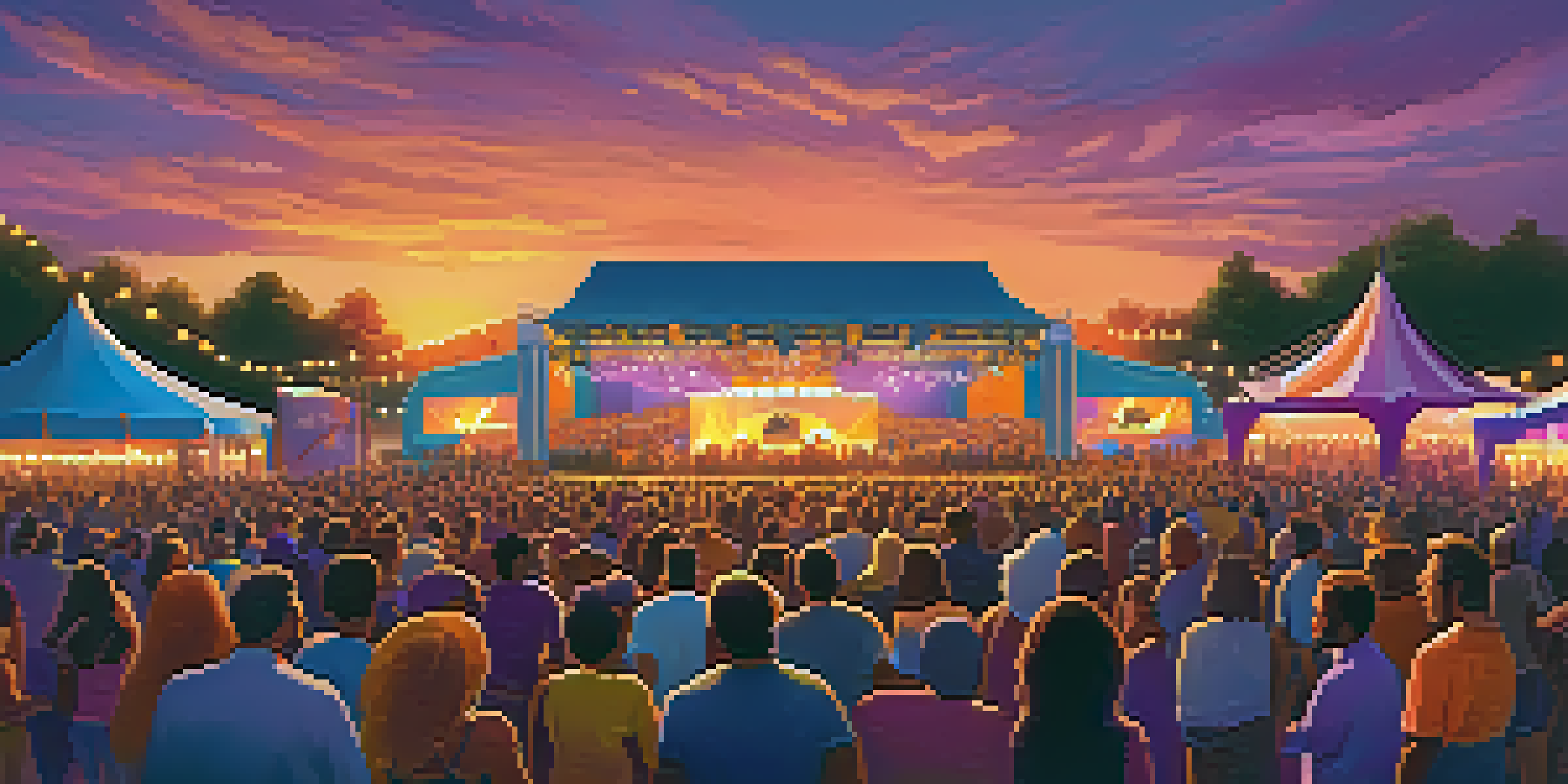 A lively outdoor music festival with a diverse crowd enjoying performances at sunset, surrounded by colorful lights and cultural attire.