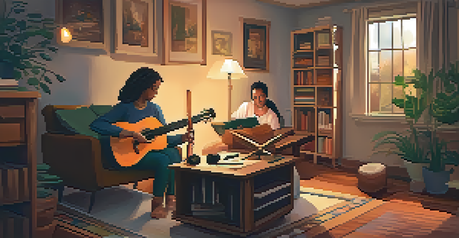 A cozy music therapy session with a therapist and participant sharing stories through music in a warm, inviting environment.
