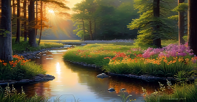 A tranquil forest scene at sunset with a stream and blooming flowers, creating a peaceful atmosphere.