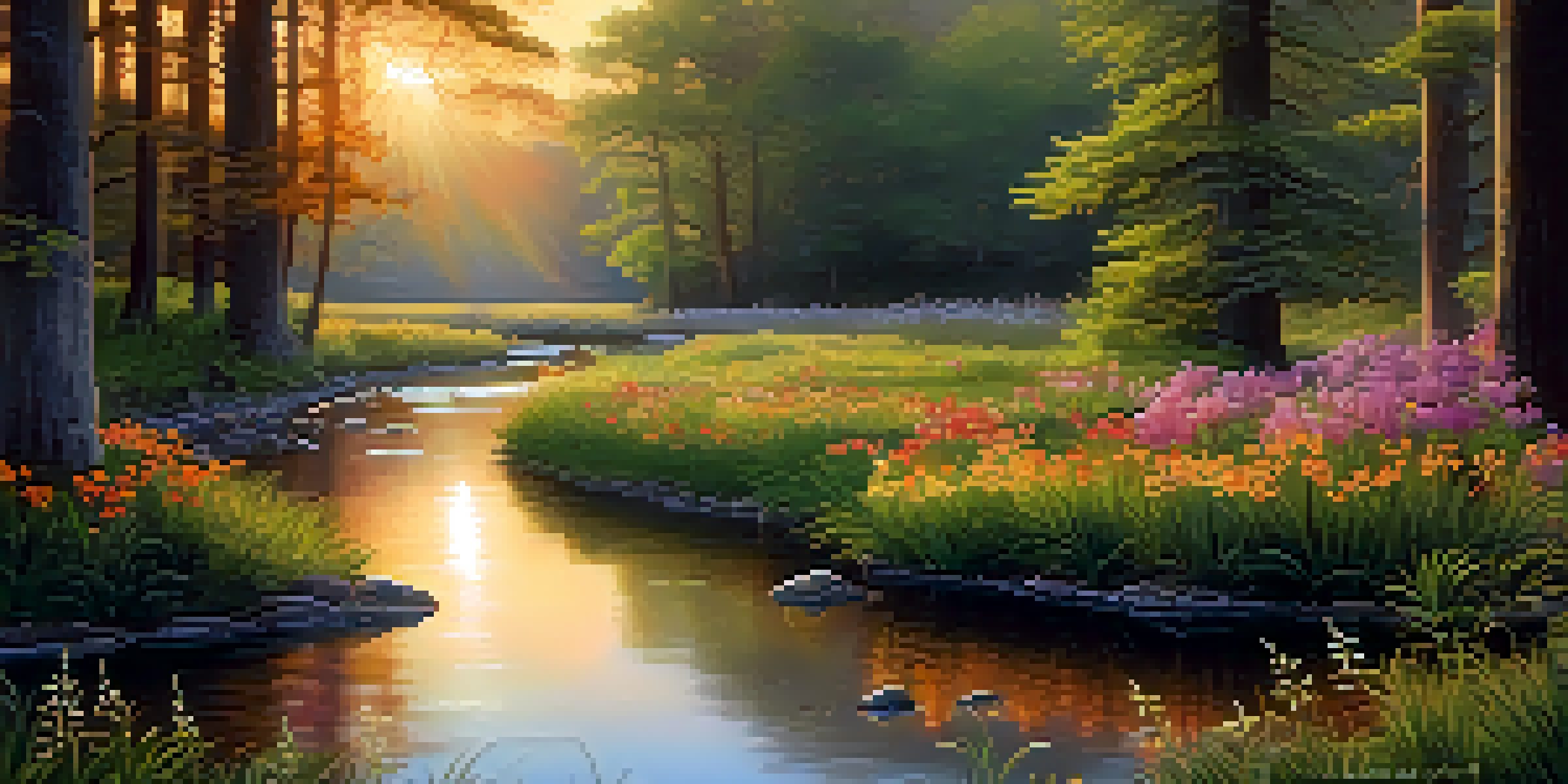 A tranquil forest scene at sunset with a stream and blooming flowers, creating a peaceful atmosphere.