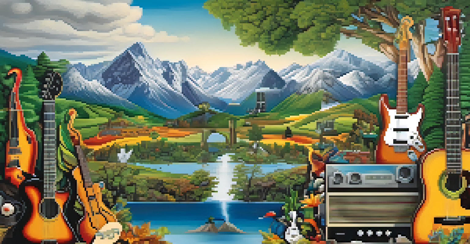 An artistic representation of different music genres intertwined with elements of nature, illustrating the connection between music and environmental consciousness.