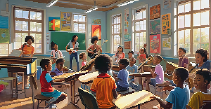 Children of diverse backgrounds happily participating in a music lesson, playing instruments and singing in a bright classroom.