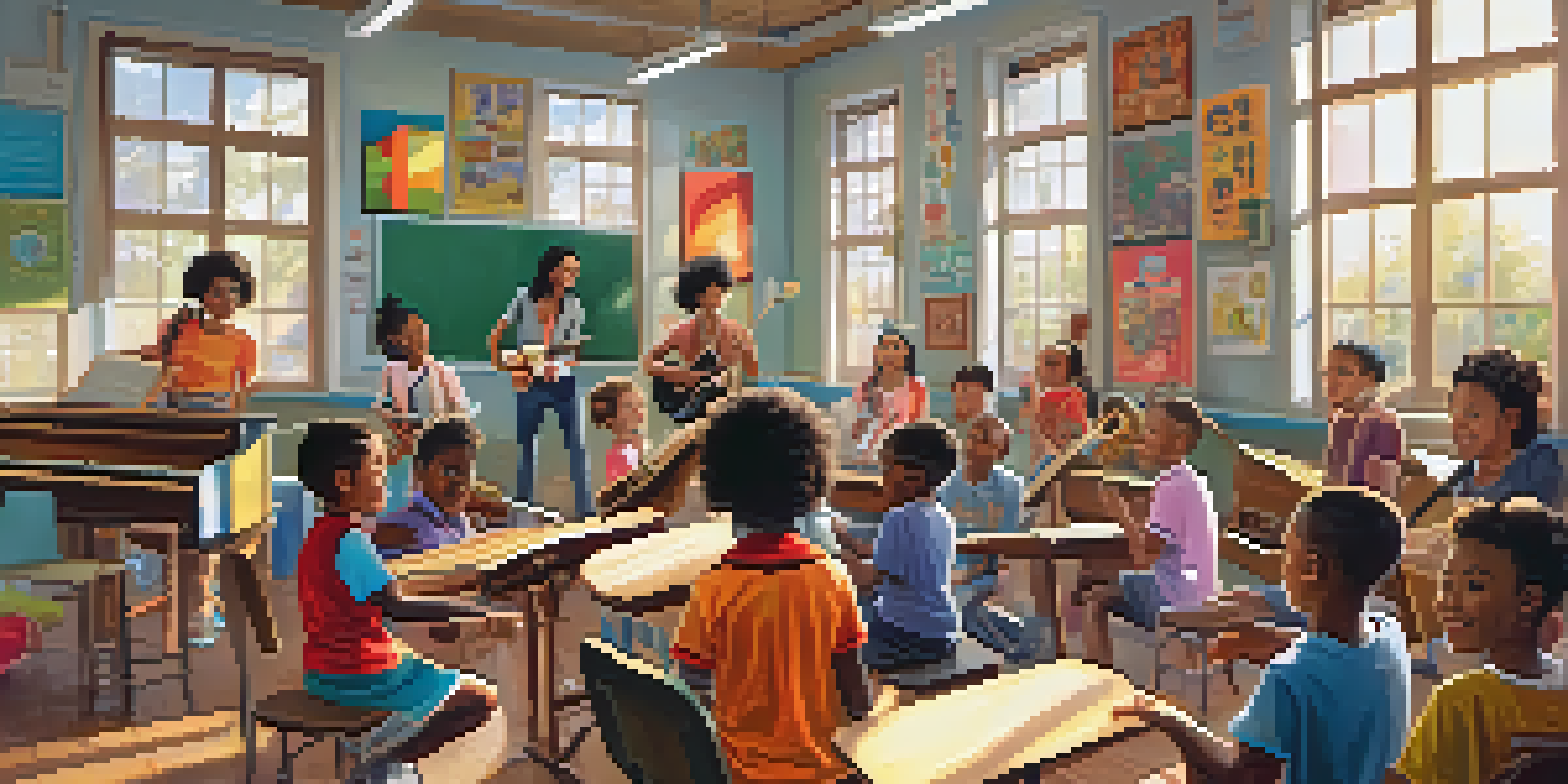 Children of diverse backgrounds happily participating in a music lesson, playing instruments and singing in a bright classroom.